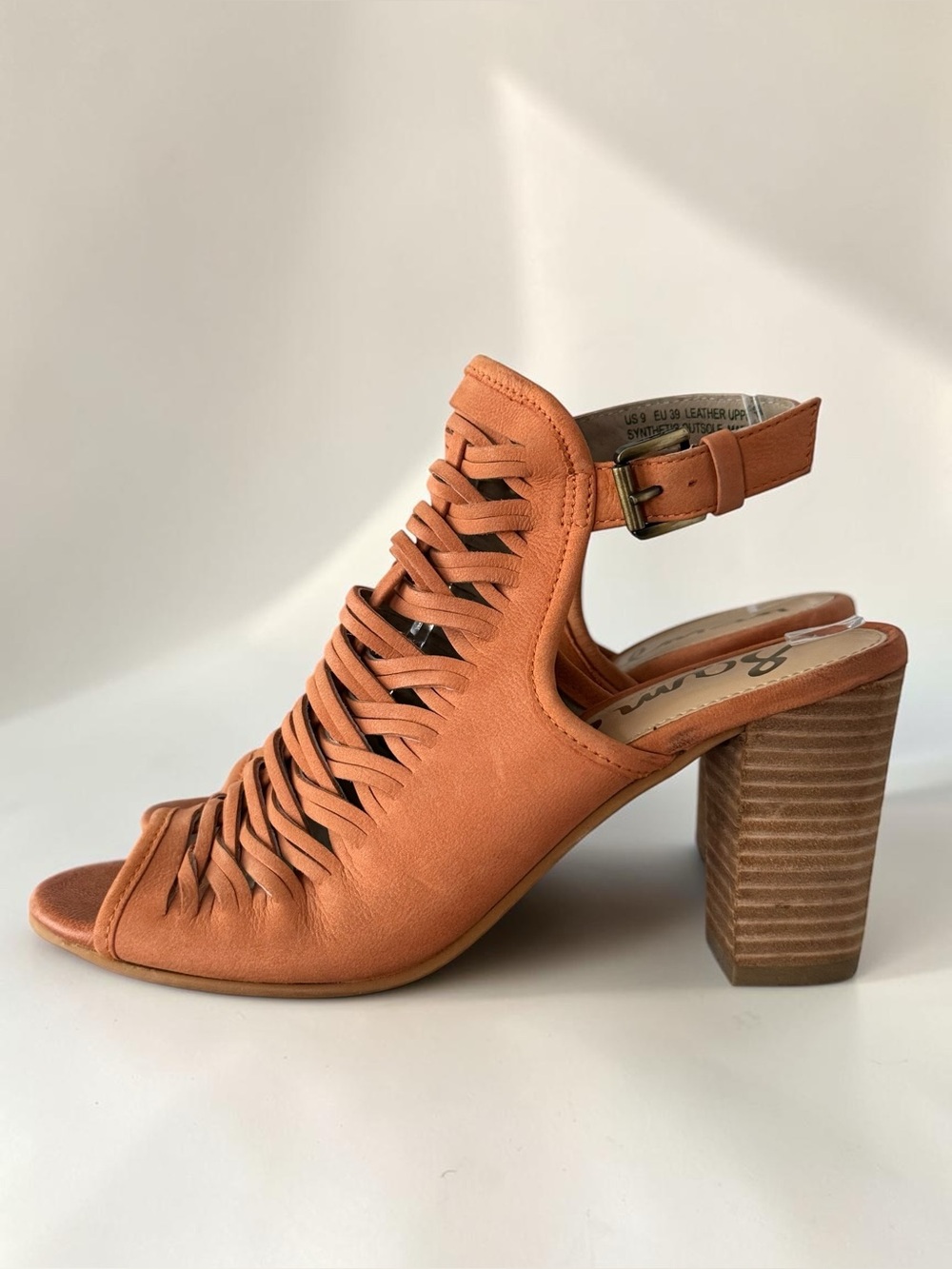 Like new: Sam Edelman Holly Woven Leather Block Heel Sandal in orange cognac